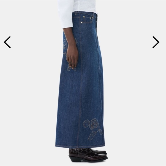 NWOT Ganni Appliquéd Floral-Embroidered Mid-Rise Stretch-Organic Denim MaxiSkirt - Picture 17 of 17